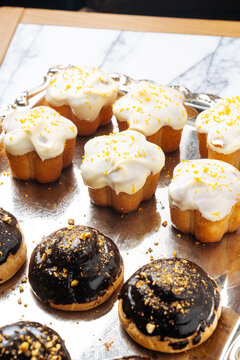 Fresh baked pastry buns with icing