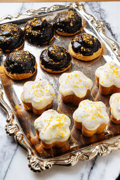 Fresh baked pastry buns with icing