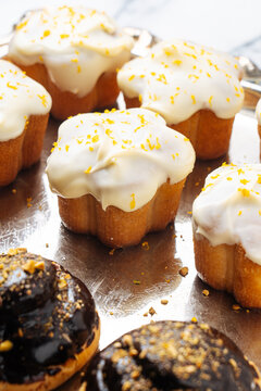 Fresh baked pastry buns with icing