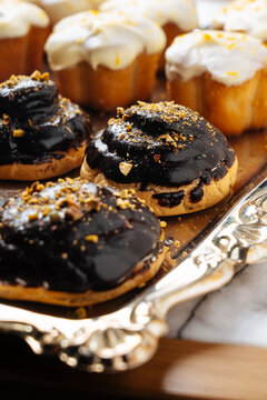 Fresh baked pastry buns with icing