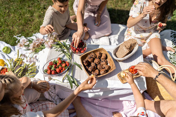 Family picnic on nature with berries and sweets
