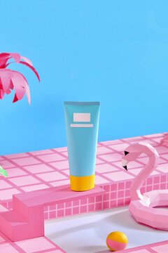  sunblock product display on poolside platform