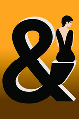 A woman sits on one arm of an ampersand.