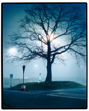 An astronaut stands under a tree at night