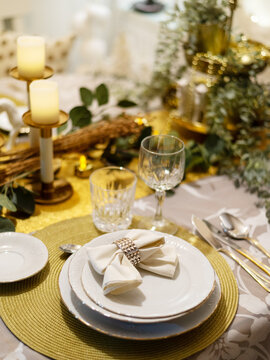 Fototapeta Holiday table setting with candles