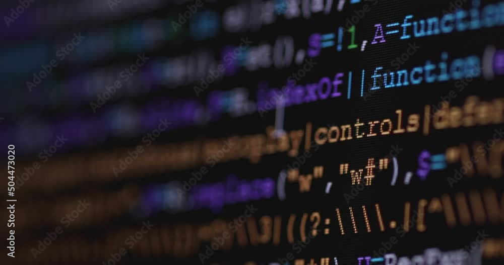 Poster 4K Close up shot programming tag code on PC Monitor scroll down. Background concept for programming and coding web development.