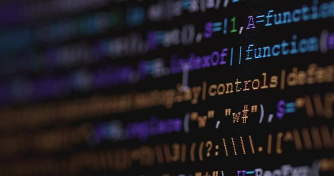4K Close up shot programming tag code on PC Monitor scroll down. Background concept for programming and coding web development.
