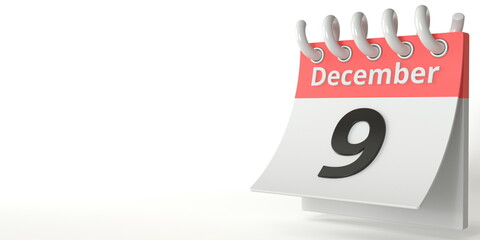 December 9 date on a tear-off calendar, 3d rendering