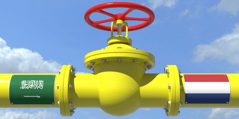 SAUDI ARABIA NETHERLANDS gas or oil transit concept. Pipe with valve, 3D rendering