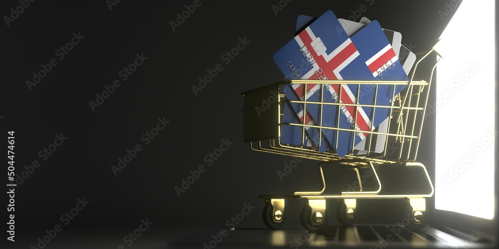 Poster bank card mockups with flags of iceland in a small shopping cart on the laptop. 3d rendering