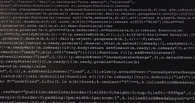 4K Close up shot programming tag code on PC Monitor scroll down. Background concept for programming and coding web development.