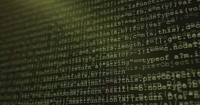 4K Close up shot programming tag code on PC Monitor scroll down. Background concept for programming and coding web development.
