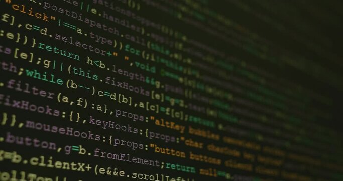 4K Close up shot programming tag code on PC Monitor scroll down. Background concept for programming and coding web development.