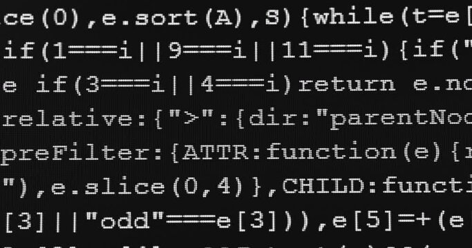 4K Close up shot programming tag code on PC Monitor scroll down. Background concept for programming and coding web development.