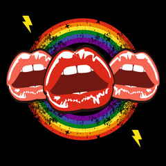 T-shirt design of three sensual mouths united by a rainbow isolated on black. Vector illustration for gay pride day - obrazy, fototapety, plakaty