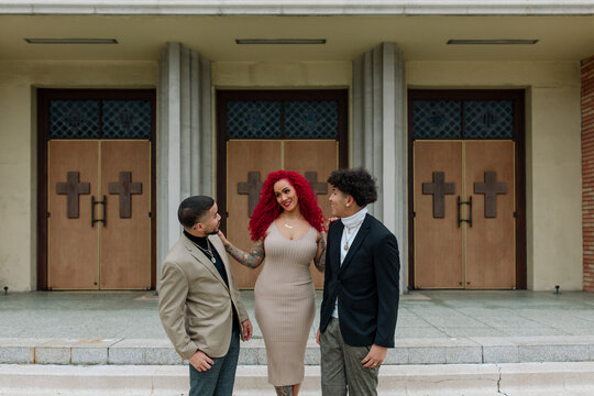 Stunning mom and sons on church steps