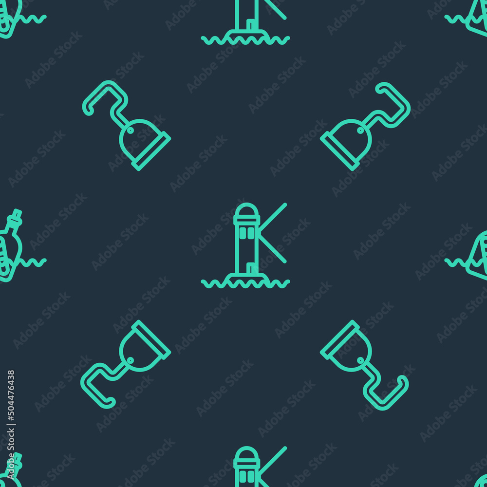 Poster set line lighthouse, pirate hook and bottle with message in water on seamless pattern. vector
