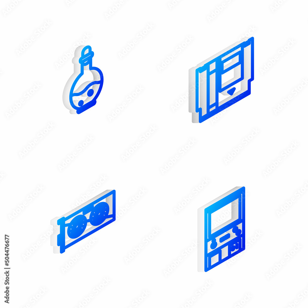 Poster set isometric line cartridge, bottle with magic elixir, video graphic card and retro arcade game mac