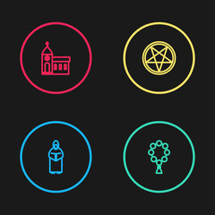 Set line Monk, Rosary beads religion, Pentagram in circle and Church building icon. Vector