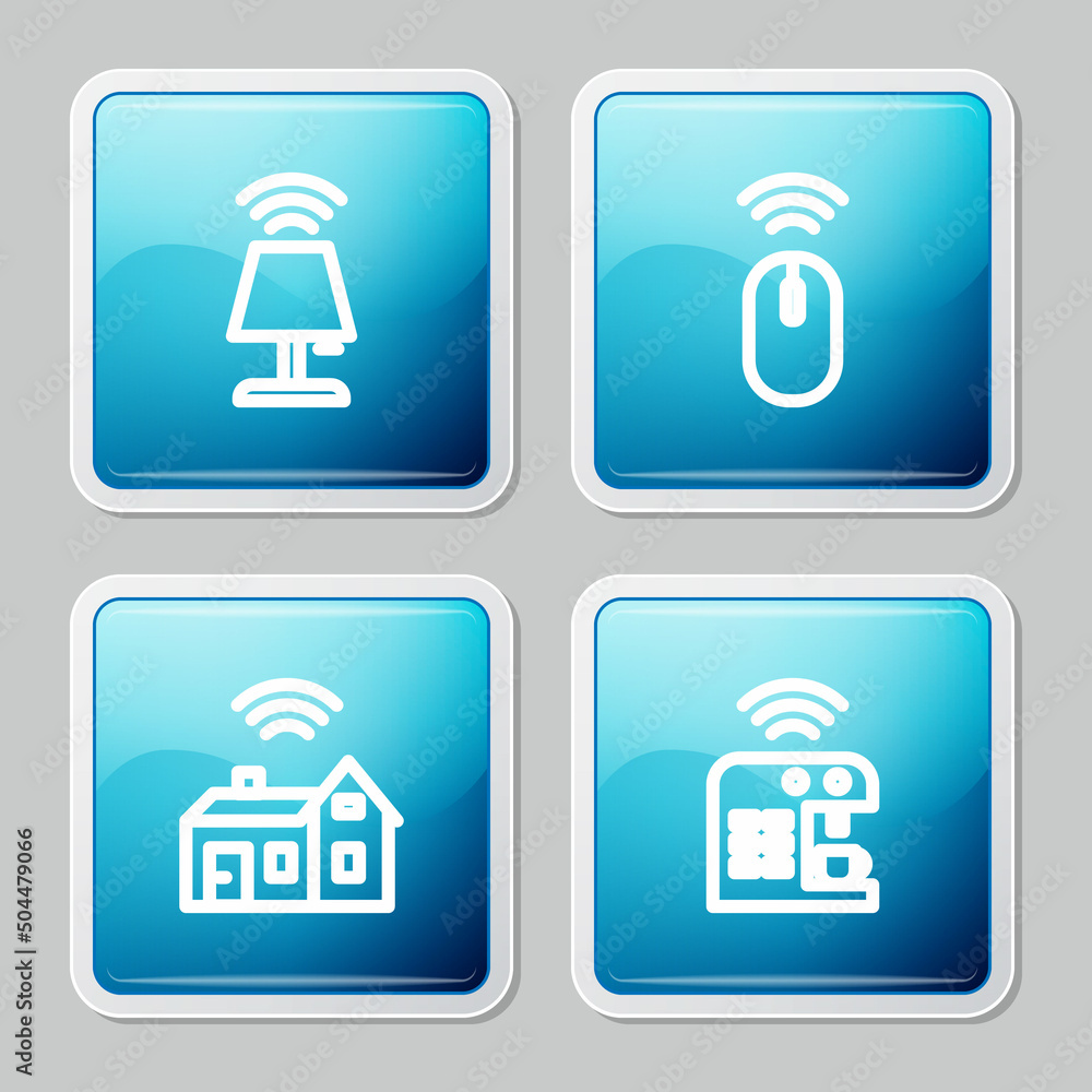Poster set line smart table lamp, wireless mouse, home with wireless and coffee machine icon. vector