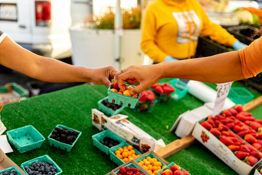 Woman Samples Fruit at Farmer's Market