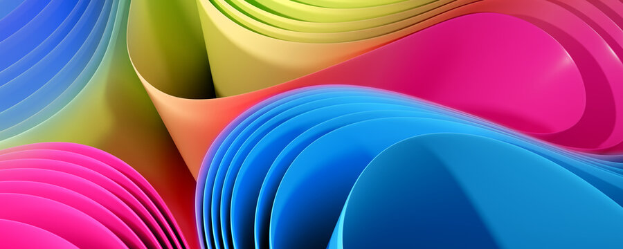 Curved sheets of paper - 3D Illustration – blue, yellow and pink