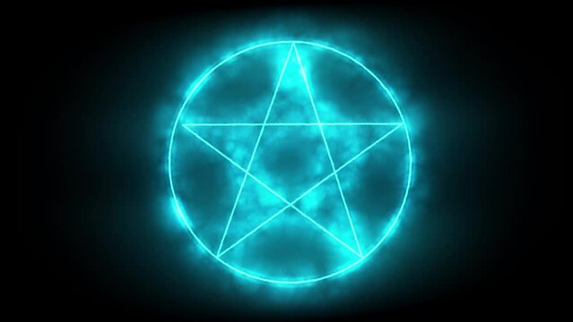 Glowing Pentagram Symbol on dark background. Pentacle Animation with Blue Energy Smokes. Logo Used Widely By The Wicca, witches, and pagans in magical Associations. 