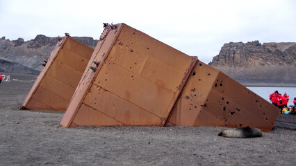 Old, rusted dry dock equipment at Whaler's Bay on Deception Island, South Shetland Islands, Antarctica - obrazy, fototapety, plakaty