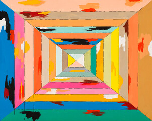 An abstract painting with converging multicoloured frames.