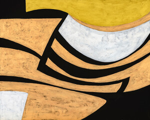 A Modernist Abstract Painting With Curved Metallic Shapes.