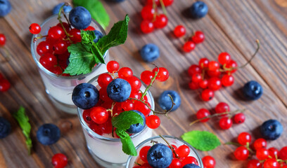 Natural yogurt with fresh berries and muesli. Healthy dessert. Top view.