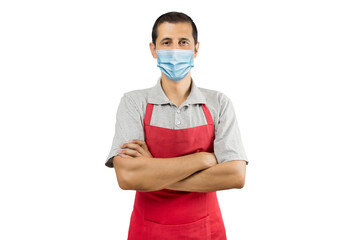 Business owner in red apron wearing a face mask to avoid coronavirus with white background - Pandemic lifestyle concepts
