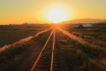railroad tracks at sunset