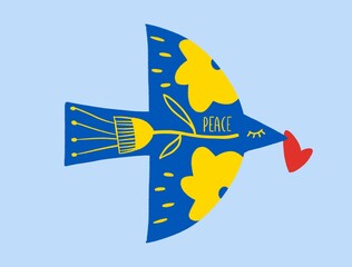 Peace bird against war on blue and yellow illustration
