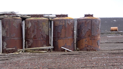 Old, rusted whale oil boilers at Whaler's Bay on Deception Island, South Shetland Islands,...