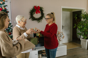 Caucasian family exchanging Christmas presents at home