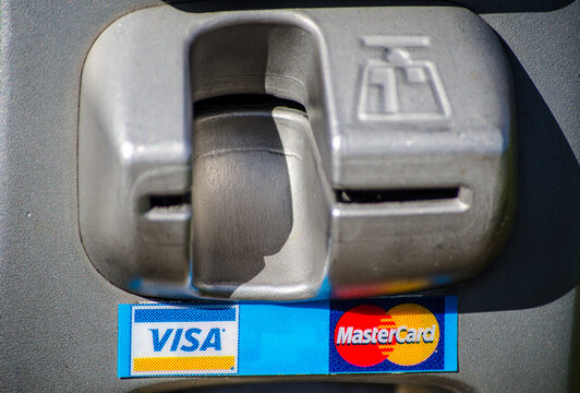 SYDNEY, AUSTRALIA. &ndash; On March 17, 2018. - Visa and Master credit card reader slot in close up.