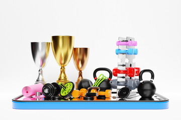 3D colorful illustration of a modern smartphone with a panel with sports equipment, winners cup. 3D visualization of the award for sports achievements