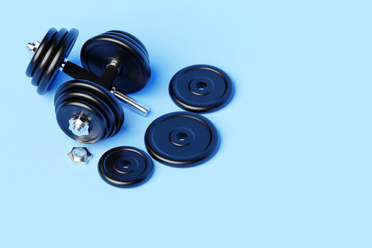 Black  iron dumbbells with disassembled plates on  blue isolated background. 3D rendering
