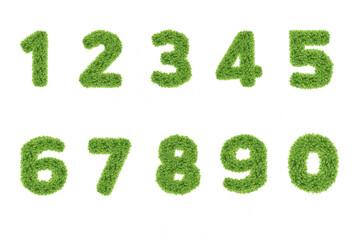 Collection of numbers. Green grass filled the character. Zero to nine, figures. isolated from a...
