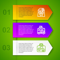 Set line Hippie girl, camper van and Suitcase for travel. Business infographic template. Vector