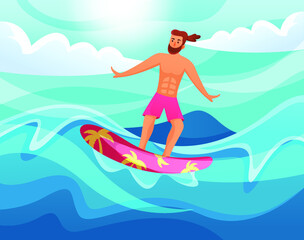 A man surving on the waves. vector illustration. surfing day ilustration