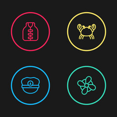 Set line Captain hat, Boat propeller, Crab and Life jacket icon. Vector