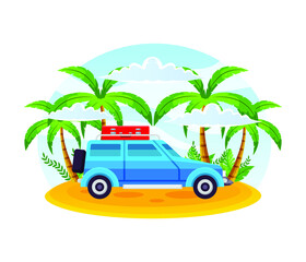 Friends travel by car on summer holidays. Happy people and dog in van during summertime road trip. Man, women and doggy in caravan on vacation. Flat vector illustration isolated on white background