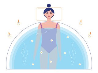 Young woman relaxes while soaking in jacuzzi decorated with flowers and aromatherapy candles. Salon spa facility. Spa vector illustration.	