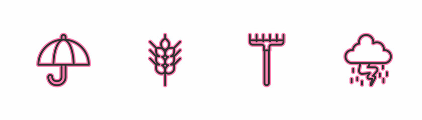 Set line Umbrella, Garden rake, Wheat and Storm icon. Vector