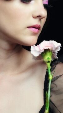 Closeup slow motion vertical video of female with pink carnation flower near face.