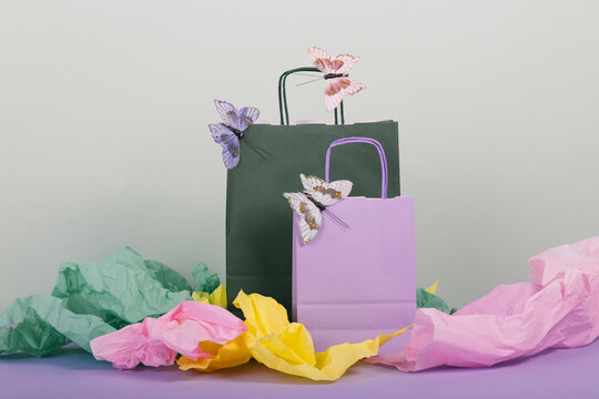 Shopping bags with papers around them