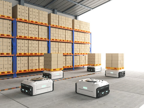 Automation Warehouse Management With Robot Carry Cardboard Box
