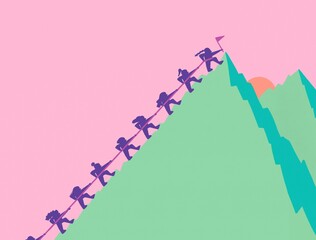 Strong women climbing mountains together illustration